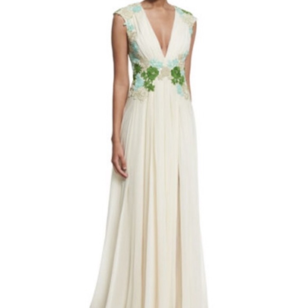 Badgley Mischka Champagne Floral Embroidered Gown
